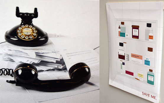 Bildmontage: Telefon ovanpå en stapel av öppnade brev. Medicinskåp fullt med mediciner mot överkonsumtion.