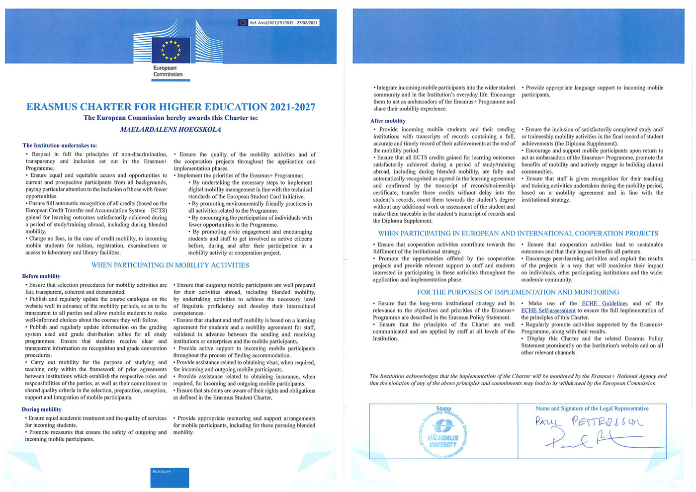 Certificate for Erasmus Charter 2021-2027