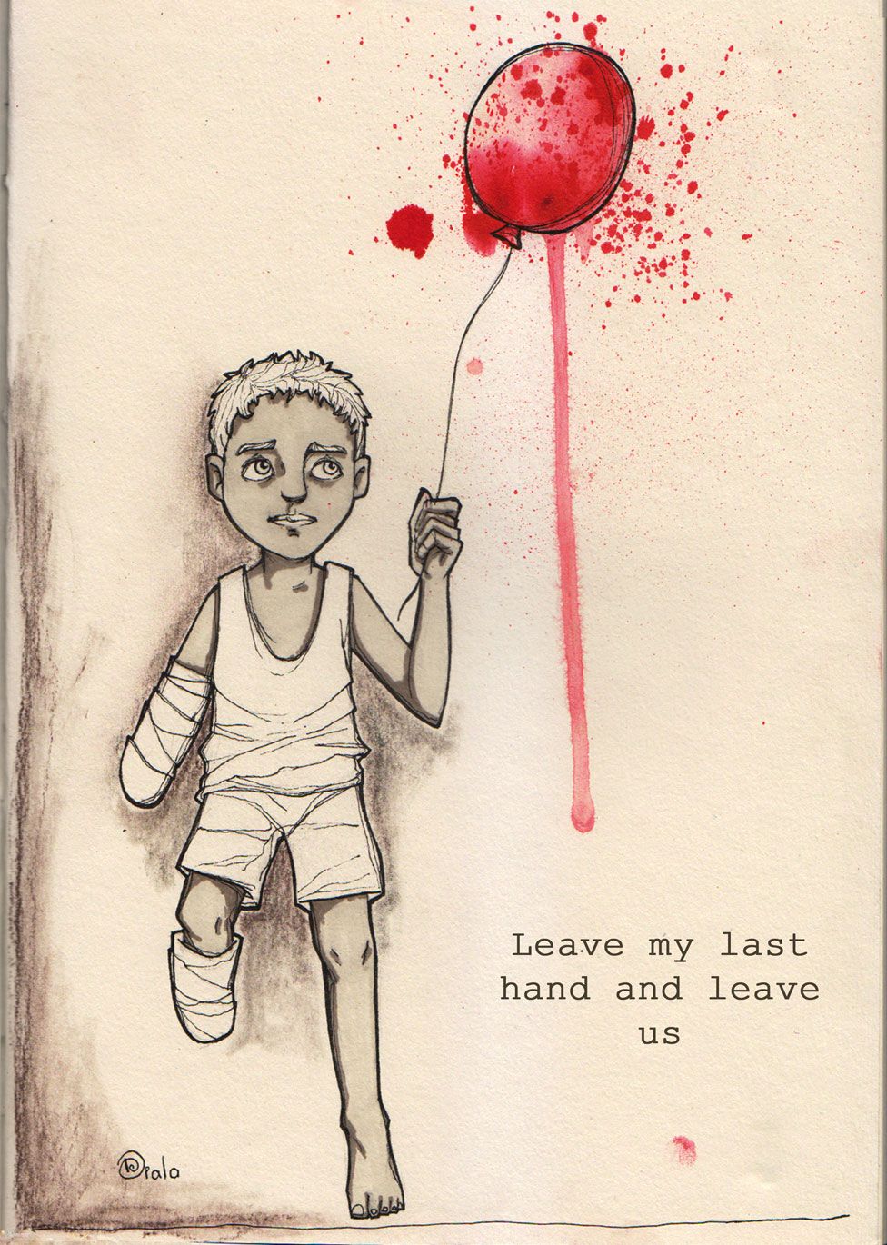 Illustration by Diala Brisly. The image depicts a child who had lost a leg and an arm in an explosion.   