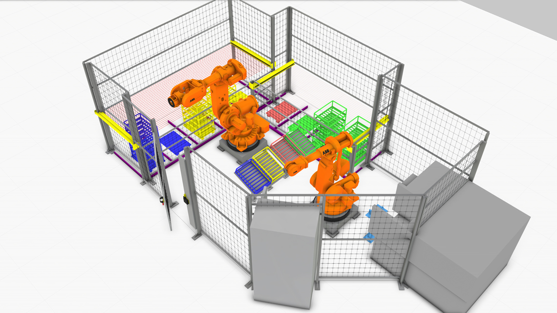 Visualisering av två robotceller i produktionsmiljö.