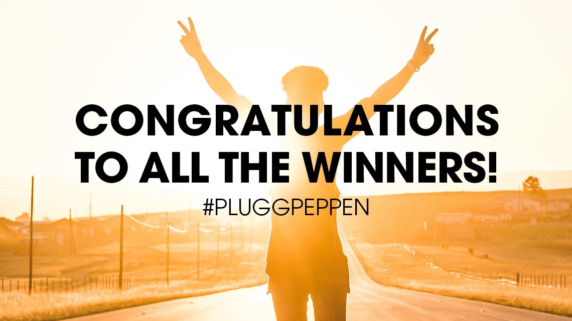 Running student and text with "Congratulations to all the winners #Pluggpeppen"