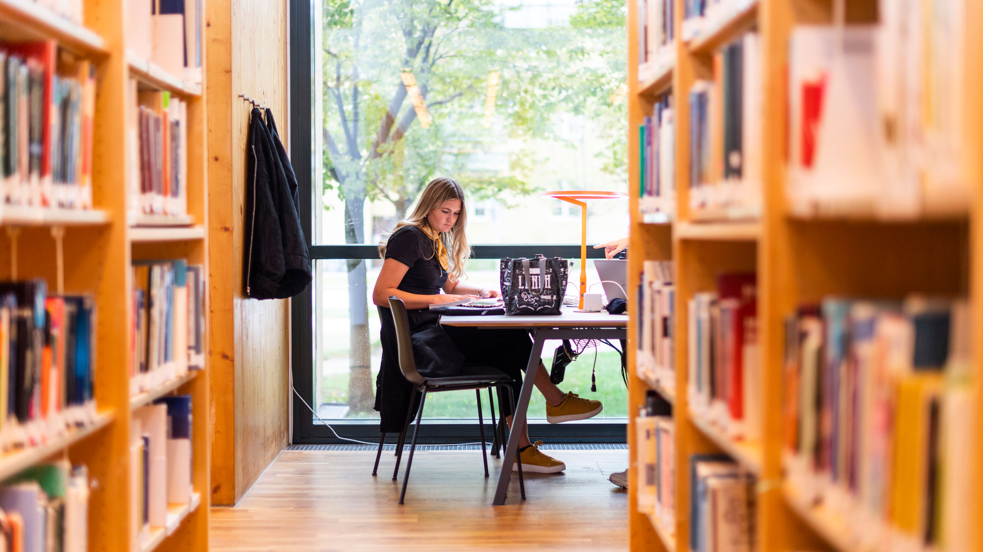 Student som pluggar i biblioteket