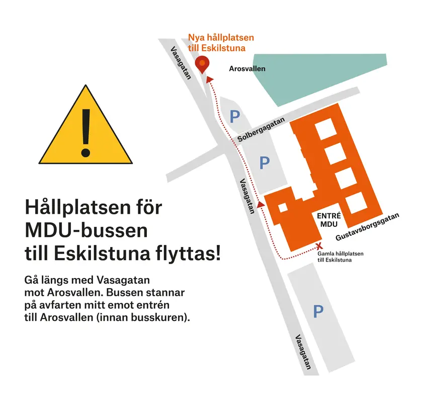 Illustration över campus Västerås och vart nya busshållplatsen ligger, även beskrivet i text i nyheten.